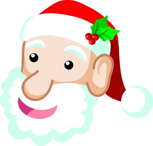 a smiling santa with holly leaves and berries in his hat