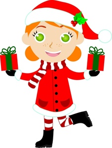 cute child dressed for the holidays with several christmas gifts