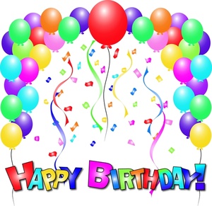 happy birthday text with colorful balloons streamers and confetti