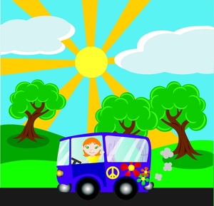 person driving a hippie bus with peace signs and flowers