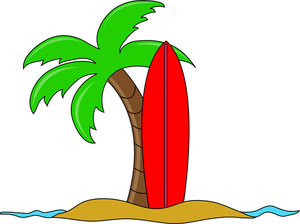 surfboard leaning up against a palm tree on the beach in hawaii
