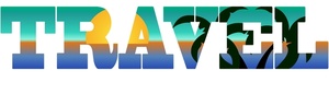 travel text with ocean sunset and a tropical island vacation theme