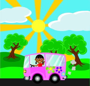 young woman or girl driving her hippie van in the country